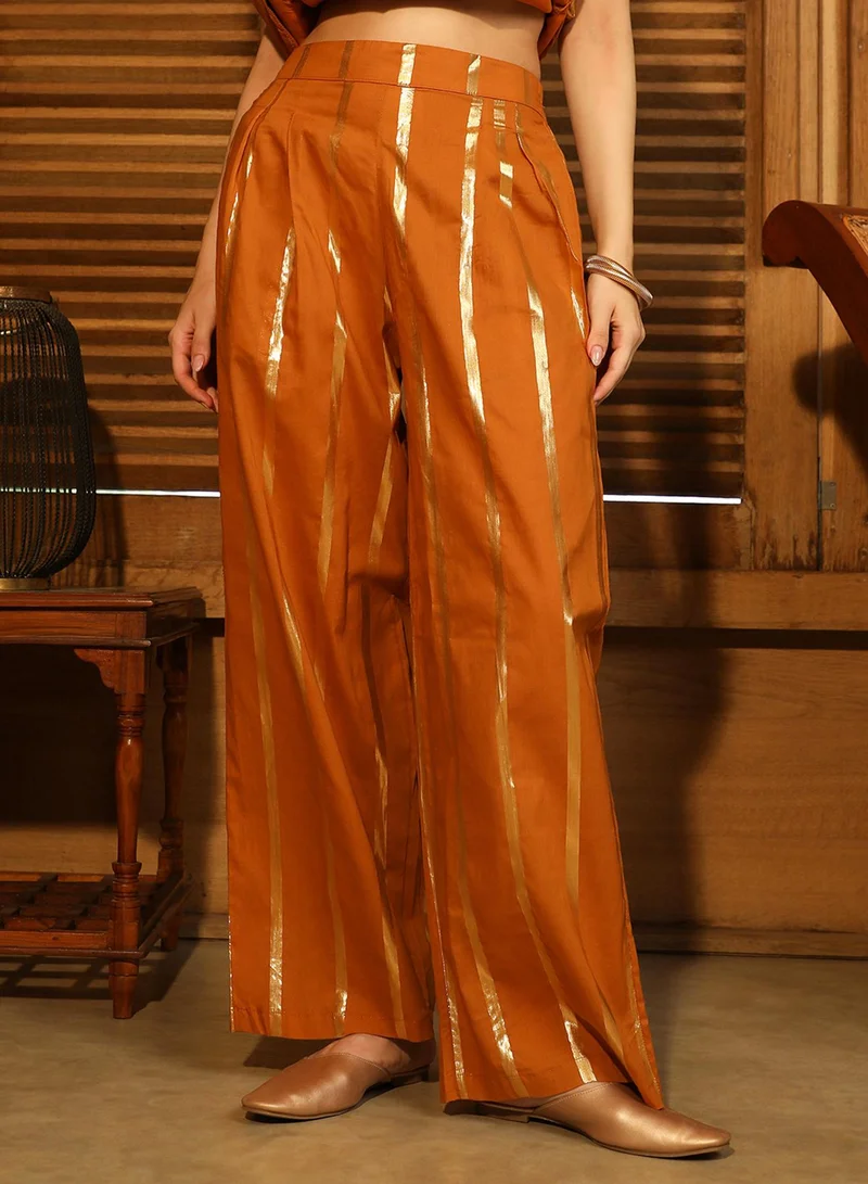  قصة Women's Marigold Orange Metallic Striped Kurta Set