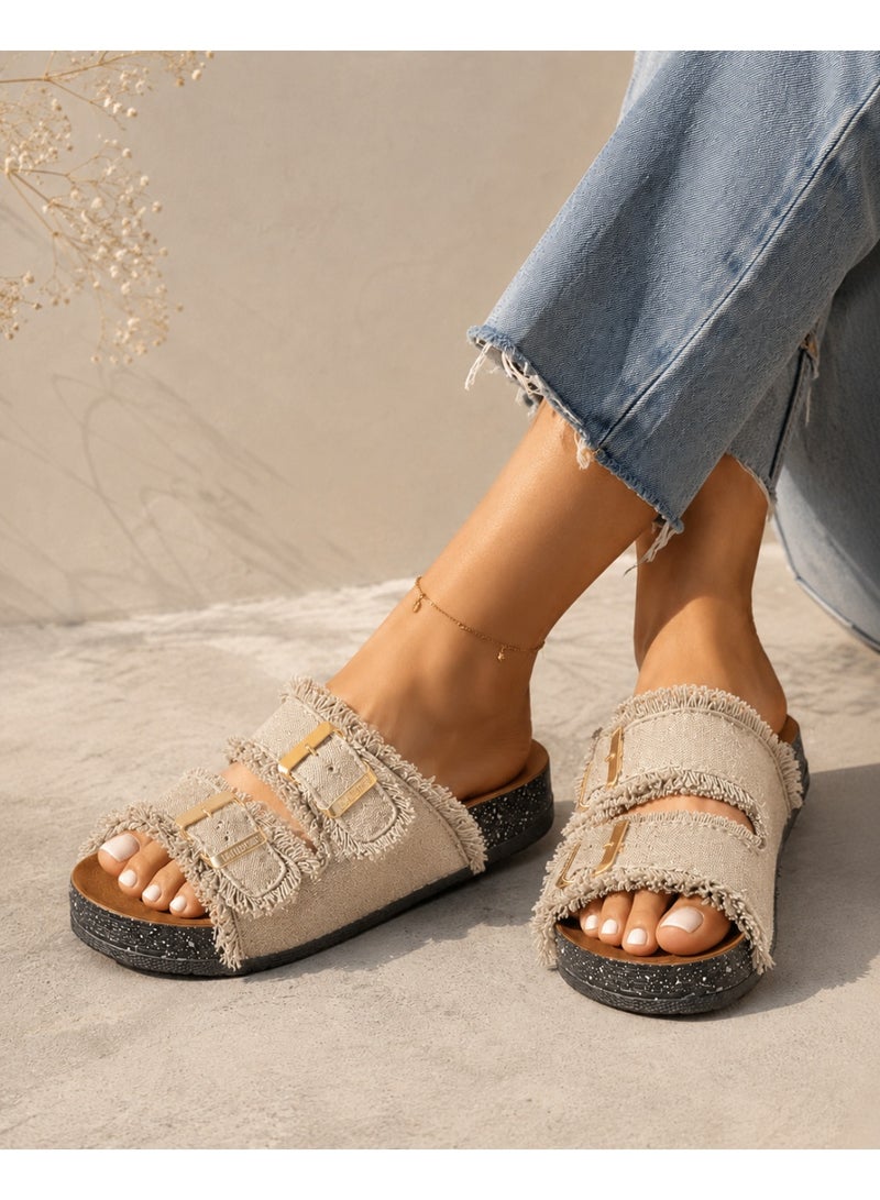 LIFESTYLISH Slippers flat Fabric With double buckle SL-241  - Beige - Image 1