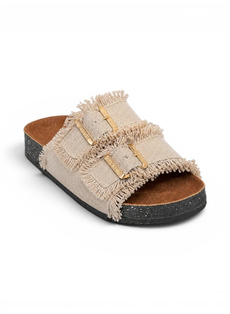 LIFESTYLISH Slippers flat Fabric With double buckle SL-241  - Beige - Image 3
