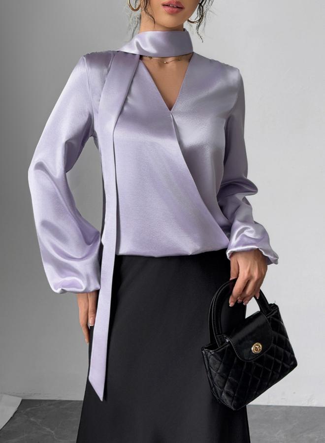 Take Two Solid V-Neck Balloon Sleeve Top with Scarf - Image 3