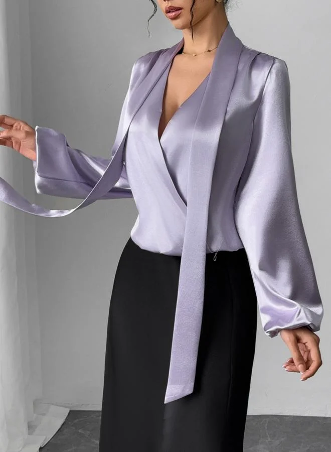 Take Two Take Two Solid V-Neck Balloon Sleeve Top with Scarf