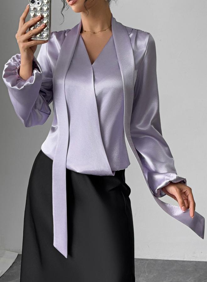 Take Two Solid V-Neck Balloon Sleeve Top with Scarf - Image 4