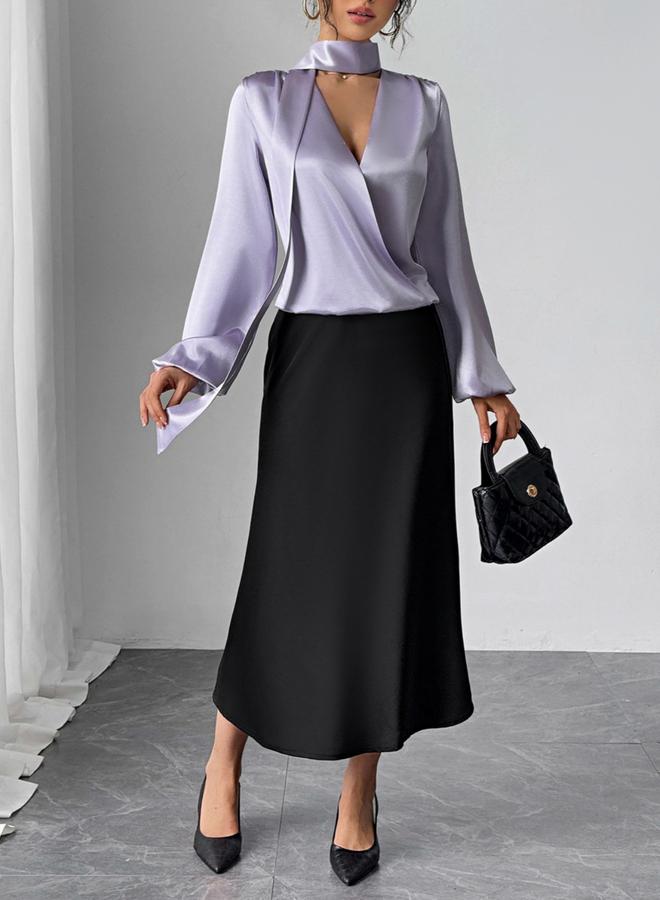 Take Two Solid V-Neck Balloon Sleeve Top with Scarf - Image 2