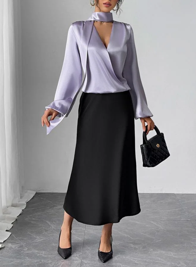 Take Two Take Two Solid V-Neck Balloon Sleeve Top with Scarf