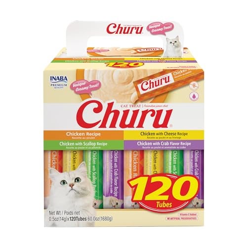 INABA Churu Cat Treats, Lickable, Squeezable Creamy Purée with Vitamin E, 0.5 Ounces per Tube, 120 Tubes Total, Chicken Variety - Image 1