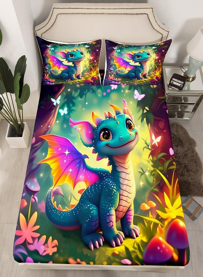 Castle Fairy Cute Dragon Sheet Set Queen Size Mushroom Floral Butterfly Bedding Set 4Pcs Purple Orange Wings Dragon Bed Sheet for Kids Teens Dreamy Jungle Fitted + Flat Sheet,2 Pillowcases - Image 2