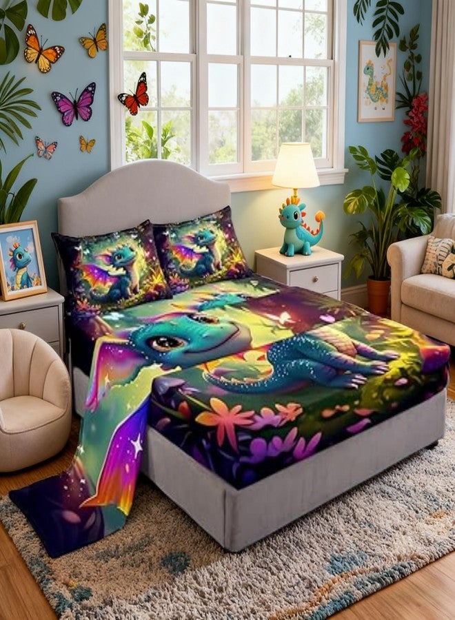 Castle Fairy Cute Dragon Sheet Set Queen Size Mushroom Floral Butterfly Bedding Set 4Pcs Purple Orange Wings Dragon Bed Sheet for Kids Teens Dreamy Jungle Fitted + Flat Sheet,2 Pillowcases - Image 1