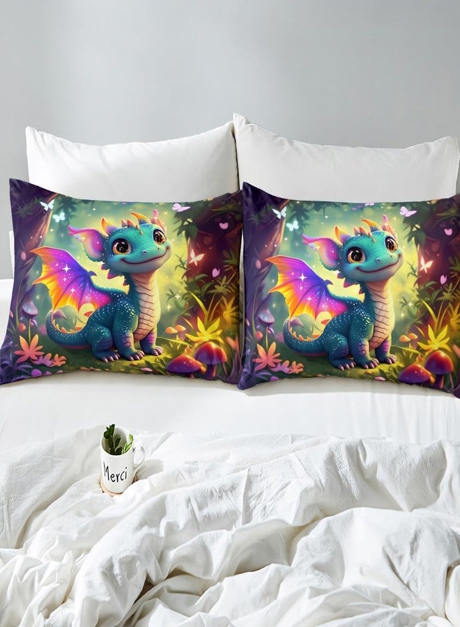 Castle Fairy Cute Dragon Sheet Set Queen Size Mushroom Floral Butterfly Bedding Set 4Pcs Purple Orange Wings Dragon Bed Sheet for Kids Teens Dreamy Jungle Fitted + Flat Sheet,2 Pillowcases - Image 5