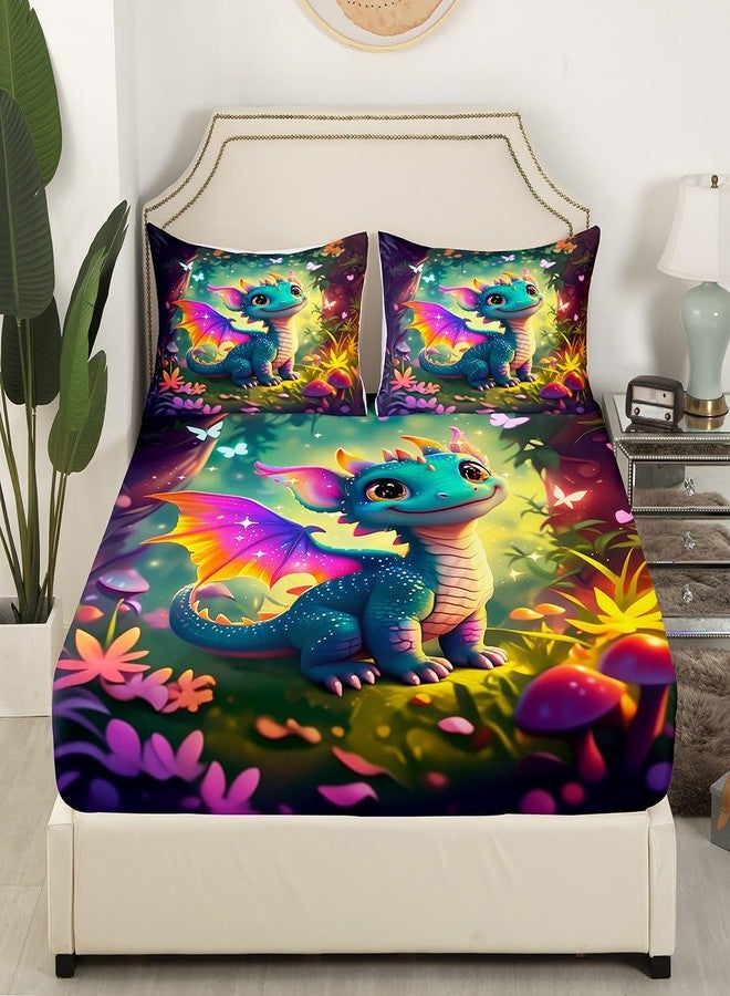 Castle Fairy Cute Dragon Sheet Set Queen Size Mushroom Floral Butterfly Bedding Set 4Pcs Purple Orange Wings Dragon Bed Sheet for Kids Teens Dreamy Jungle Fitted + Flat Sheet,2 Pillowcases - Image 3