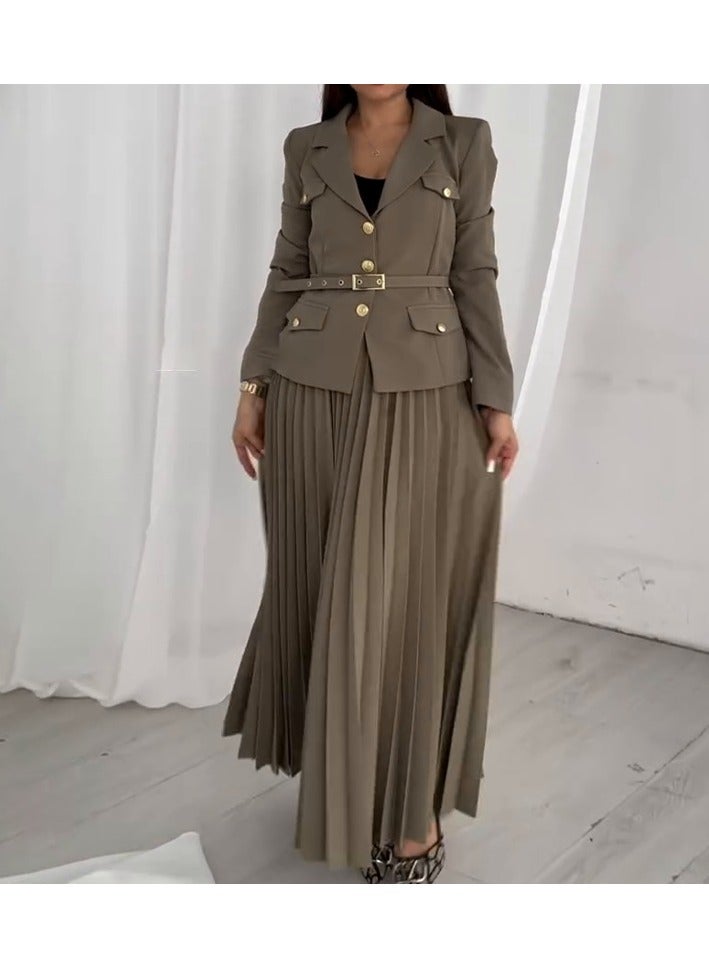 Shougu Solid Color Temperament Lapel Suit Jacket Pleated Suit Skirt  - Image 1