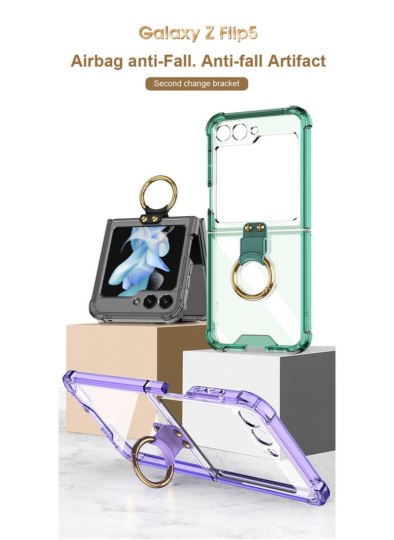 GKK - Clear Case/Cover Compatible with Samsung Galaxy Z Flip 5 Airbag Case with Stand Ring and Built-in High-Transparency with Ring Stand Military Grade Drop Protection - Clear Green - Image 1