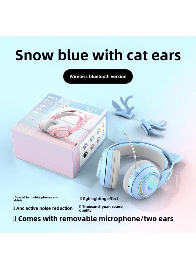 Generic Computer Headset Wired Noise Reduction Game Cat Ear Magic Color Electronic Competition Desktop Notebook With Microphone Microphone-Color:Snow Blue With Cat Ears (wireless Bluetooth Version★Rgb Lighting Effect★Thousand-yuan Sound Quality★Comes With A Removable Microphone/2 Types Of Ears)  - Image 1