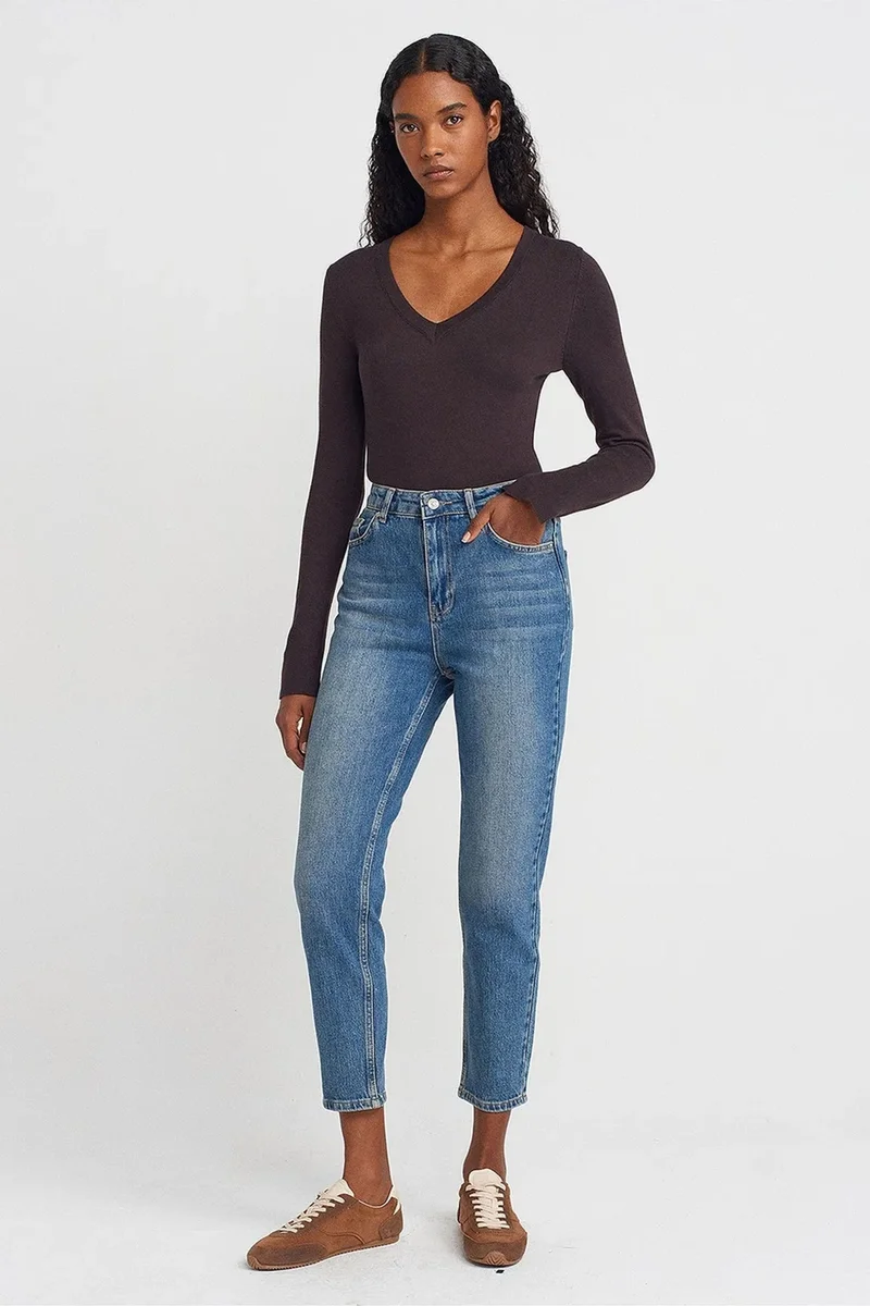 Dilvin Dark Mocha Brown DILVIN Women's V-Neck Knit Sweater With Side Slit for Women | Best Price UAE