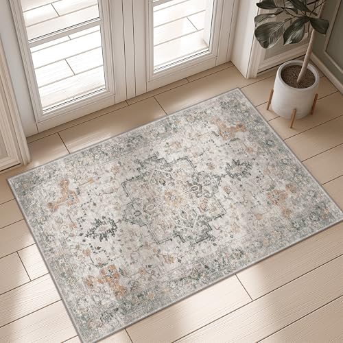 GENIMO Area Rug 2x3 Doormat, Machine Washable Low Pile Rugs, Small Retro Chenille Entryway Mat for Entrance, Hallway, Kitchen and Corridor, Light Taupe Brown - Image 1