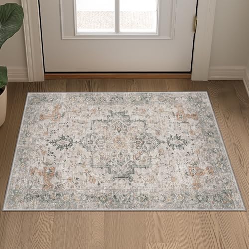 GENIMO Area Rug 2x3 Doormat, Machine Washable Low Pile Rugs, Small Retro Chenille Entryway Mat for Entrance, Hallway, Kitchen and Corridor, Light Taupe Brown - Image 3