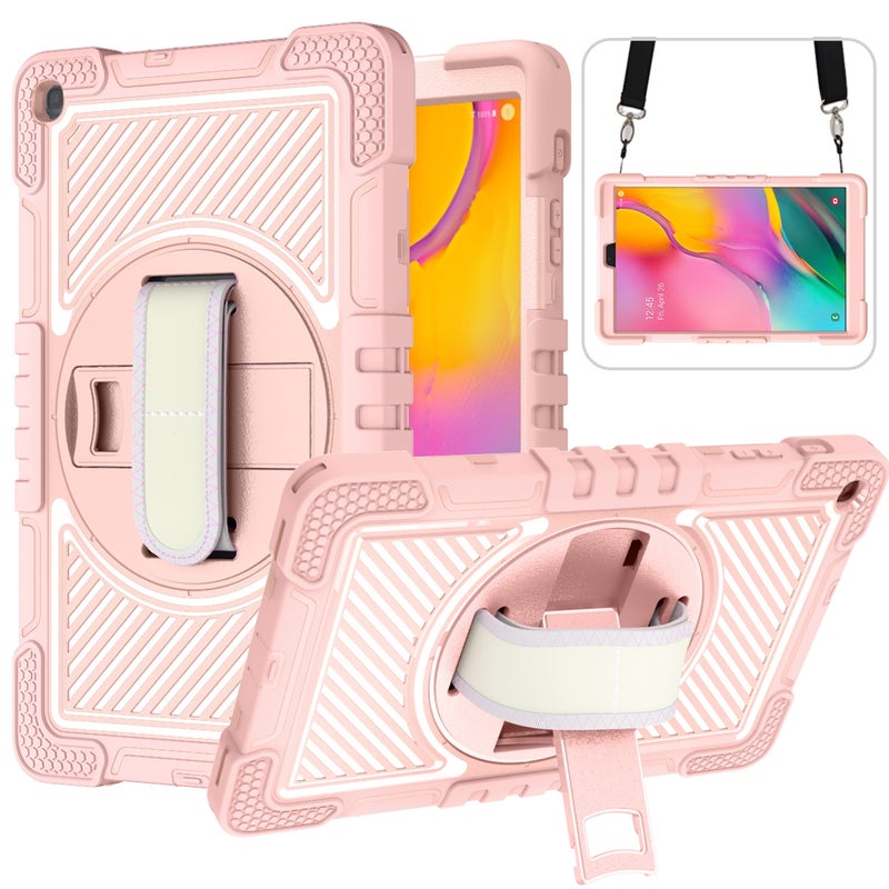 erorex For Samsung Galaxy Tab A 10.1 2019 T515 360 Degree Rotation Contrast Color Shockproof Silicone + Pc Case With Holder & Hand Grip Strap & Shoulder Strap(Rose Gold) - Image 1