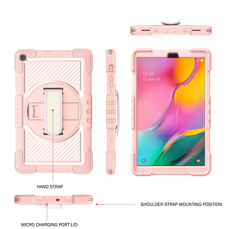 erorex For Samsung Galaxy Tab A 10.1 2019 T515 360 Degree Rotation Contrast Color Shockproof Silicone + Pc Case With Holder & Hand Grip Strap & Shoulder Strap(Rose Gold) - Image 2