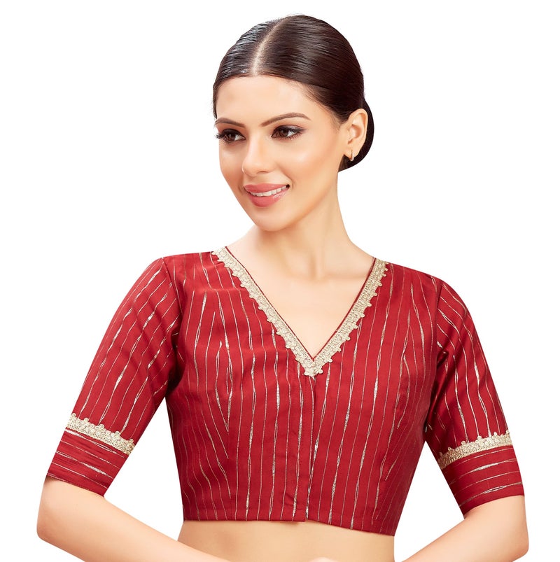 Studio Shringaar Women's Gold Foil Print Saree Blouse with Elbow Length Sleeves (Maroon, 36) - Image 1