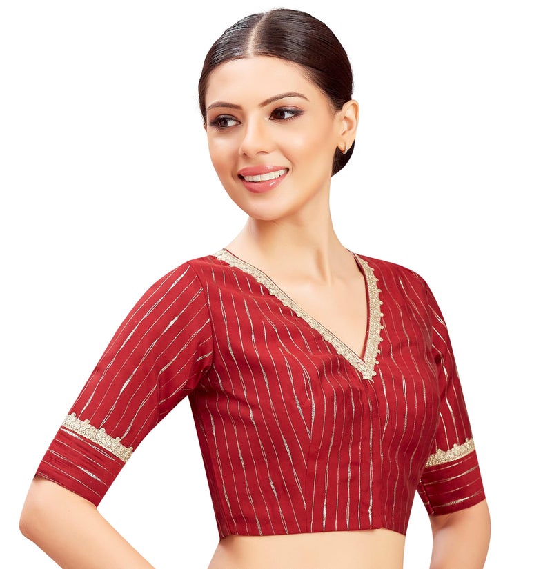 Studio Shringaar Women's Gold Foil Print Saree Blouse with Elbow Length Sleeves (Maroon, 36) - Image 4