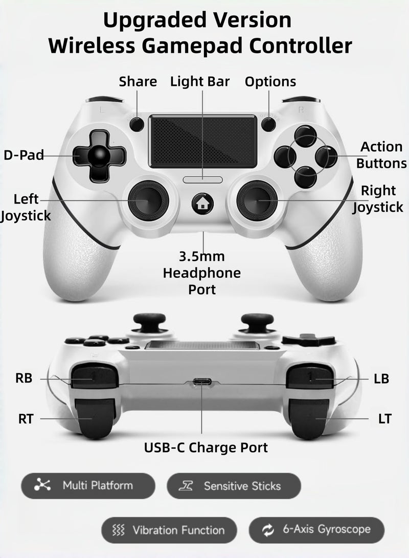 كول رابي وحدة تحكم ألعاب لاسلكية لجهاز بلاي ستيشن 4، متوافقة مع PS4/Pro/Slim/PC، مزودة بمقبض مانع للانزلاق من الجانبين وكابل USB-C، لون أبيض - Image 2