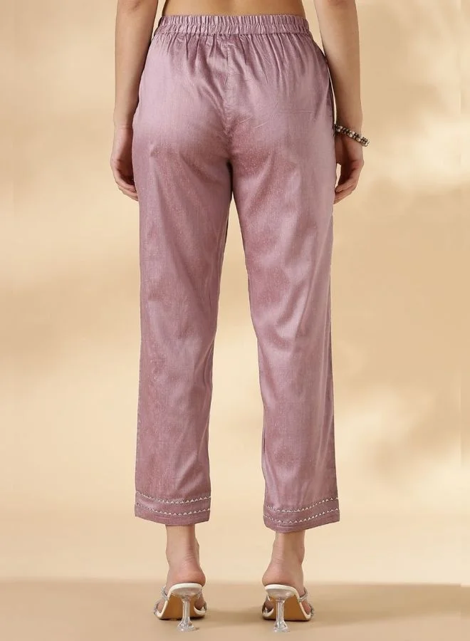 Abhishti V Neck solid kurta pant set with delicate lace detailings