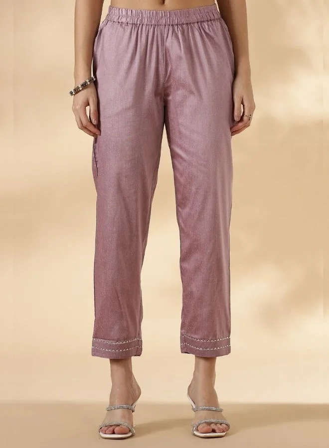 Abhishti V Neck solid kurta pant set with delicate lace detailings