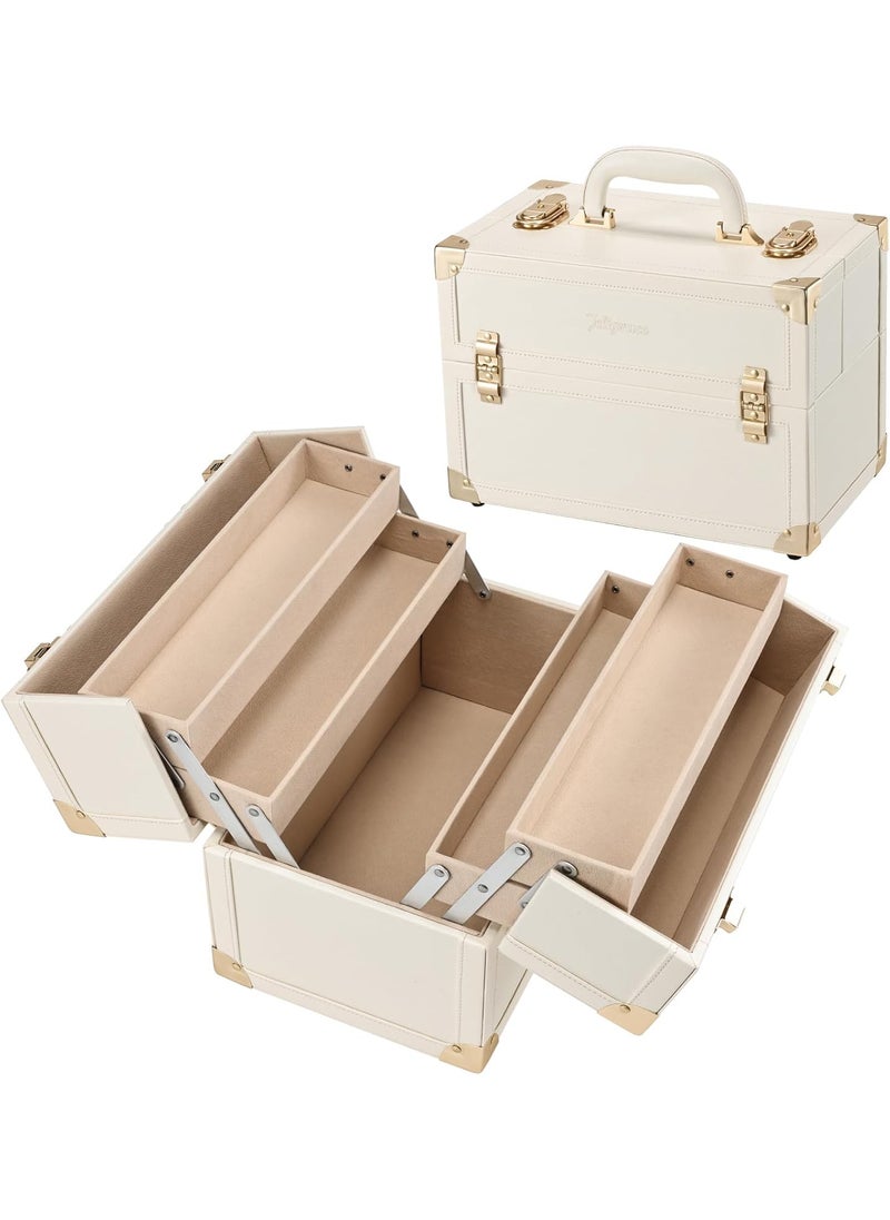 Joligrace - Joligrace Makeup Train Case Large Portable Cosmetic Makeup Storage Box Organizer Lockable with 4 Tray Compartments Retro Champagne Beige Vegan Leather (Long Tray Version) - Image 1