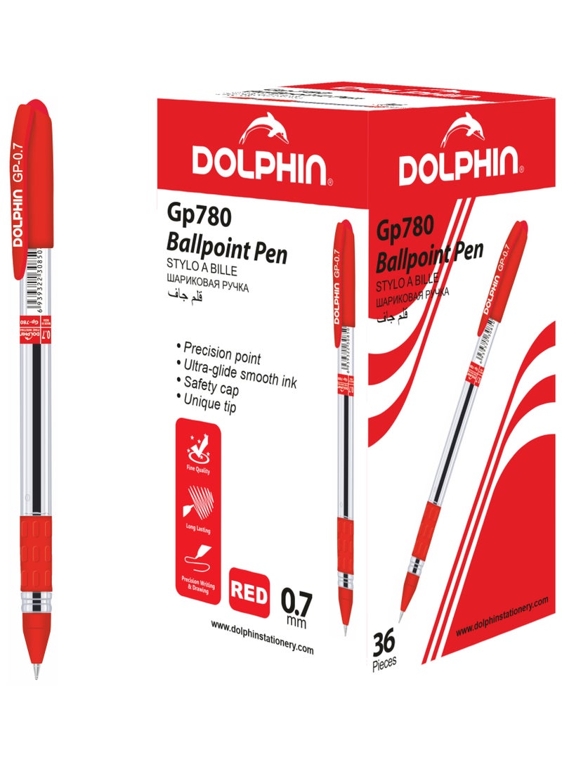 Dolphin GP780 Ballpoint Pen Red Ink 0.7mm Smooth Writing, Pack of 36