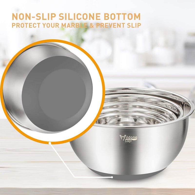 Wildone Mixing & Serving Bowls Set of 5, Stainless Steel Nesting Bowls with Grey Airtight Lids, 3 Grater Attachments, Measurement Marks & Non-Slip Bottoms, Size 5, 3, 2, 1.5, 0.63 QT - Image 5