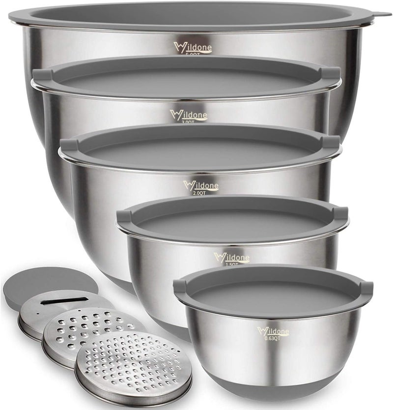 Wildone Mixing & Serving Bowls Set of 5, Stainless Steel Nesting Bowls with Grey Airtight Lids, 3 Grater Attachments, Measurement Marks & Non-Slip Bottoms, Size 5, 3, 2, 1.5, 0.63 QT - Image 1