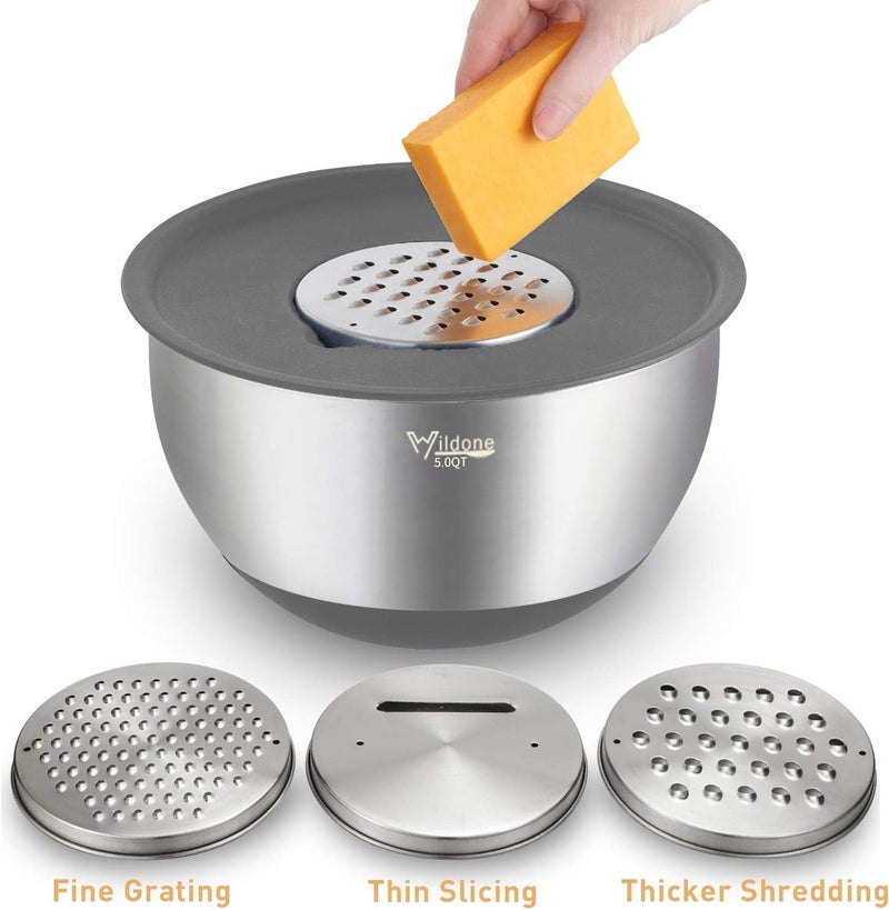 Wildone Mixing & Serving Bowls Set of 5, Stainless Steel Nesting Bowls with Grey Airtight Lids, 3 Grater Attachments, Measurement Marks & Non-Slip Bottoms, Size 5, 3, 2, 1.5, 0.63 QT - Image 3
