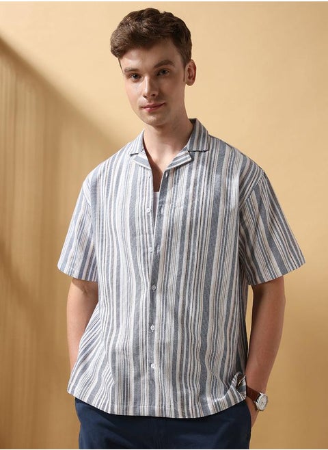 Men's Blue 100% Cotton Striped Button Down Relaxed Shirt