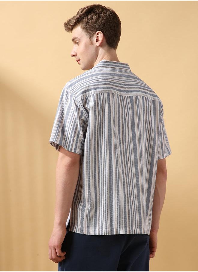 Dennis Lingo - Men's Blue 100% Cotton Striped Button Down Relaxed Shirt - Image 1