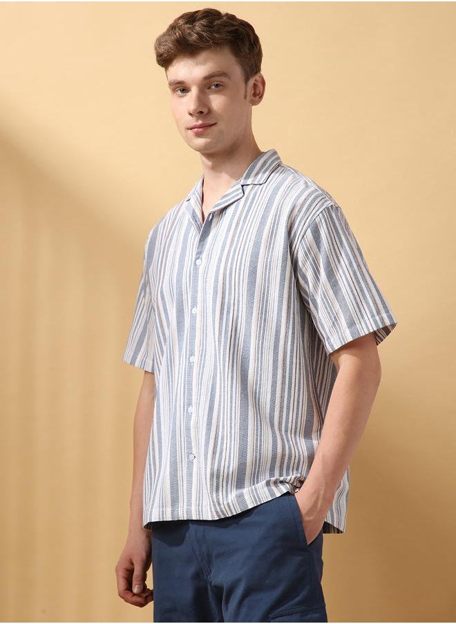 Dennis Lingo - Men's Blue 100% Cotton Striped Button Down Relaxed Shirt - Image 1