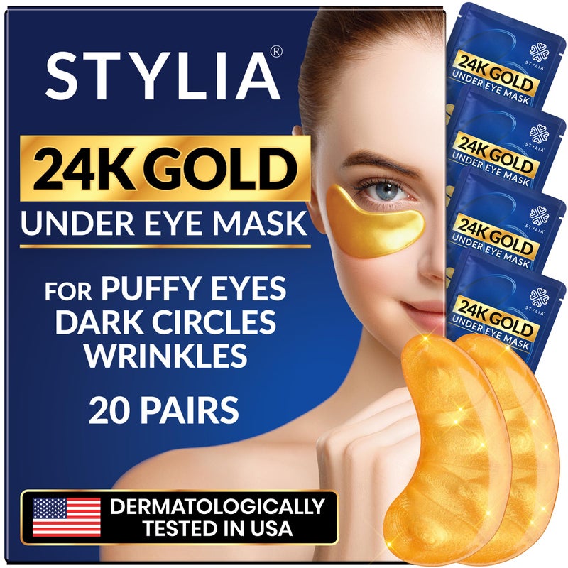 Stylia Under Eye Patches for Puffy Eyes and Dark Circles (20 Pairs) - 24k Gold Under Eye Mask with Vitamin C, Hyaluronic Acid, Pearl Extract - Eye Masks for Dark Circles and Puffiness - Image 1