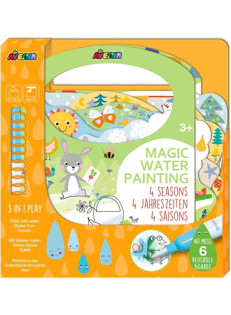 Avenir Magic Water Painting 4 Seasons | 6 Reusable Coloring Surfaces, 2 Sheets of Repositionable Stickers, and Refillable Water Pen, Easy to Carry | Kids 3+ - Image 1