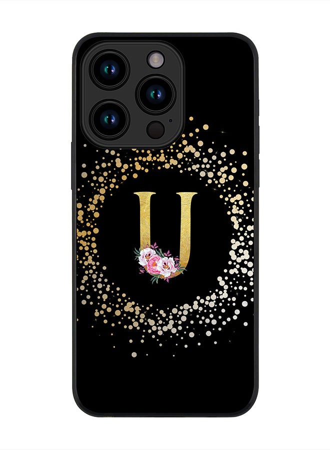 Stylizedd Cover for iPhone 15 Pro Case , Rugged Black Slim fit Thin Protective Phone Cases - Custom Monogram Initial Letter Floral Pattern Alphabet - U (Black) - Image 1