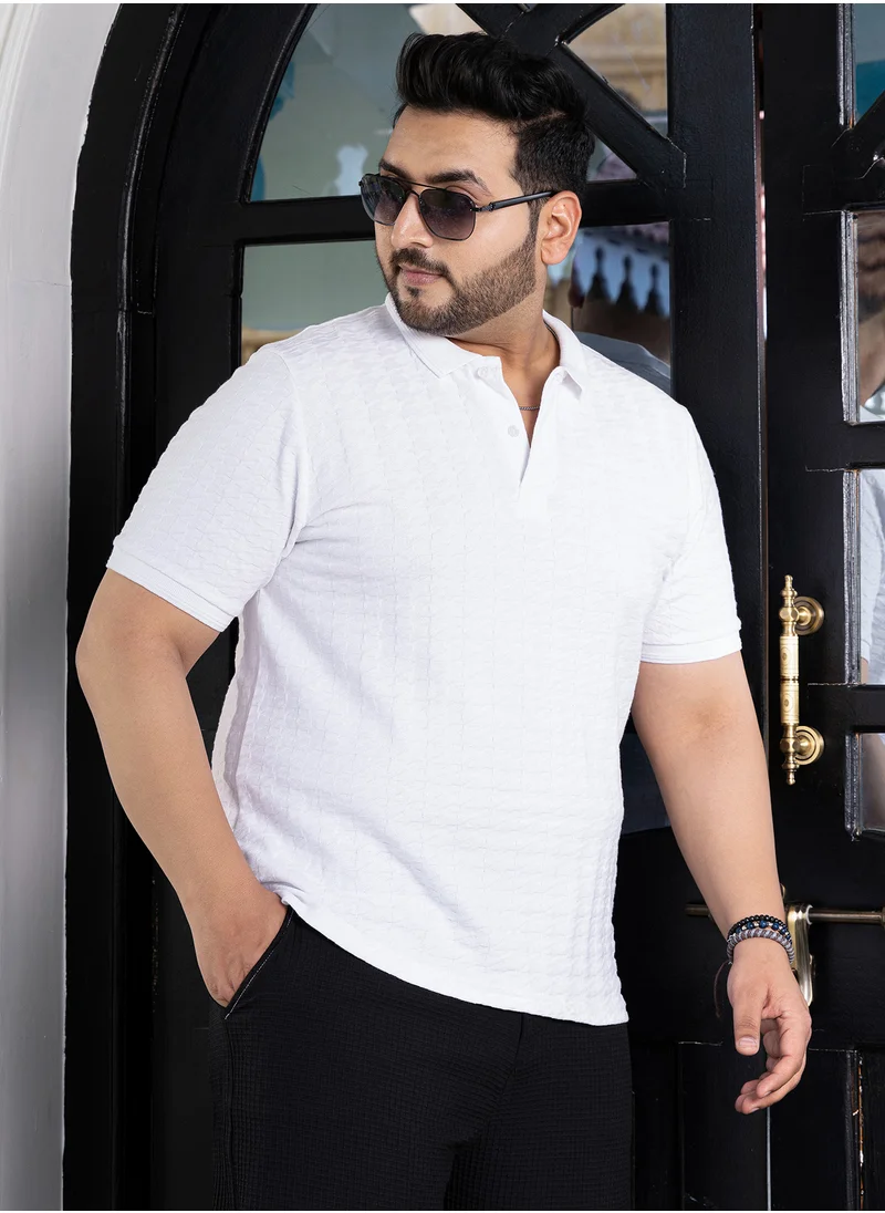 انستافاب بلس Instafab Plus Men's White Houndstooth-Textured Polo T-Shirt For Casual Wear | Polo Neck | Short Regular Sleeves | Half-Button Closure | Plus Size T-Shirt Crafted With Comfort Fit For Everyday Wear