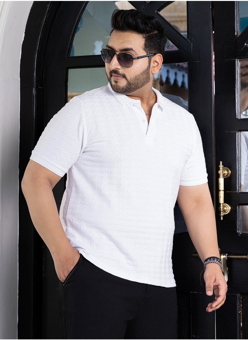 Instafab Plus Instafab Plus Men's White Houndstooth-Textured Polo T-Shirt For Casual Wear | Polo Neck | Short Regular Sleeves | Half-Button Closure | Plus Size T-Shirt Crafted With Comfort Fit For Everyday Wear  - Image 1
