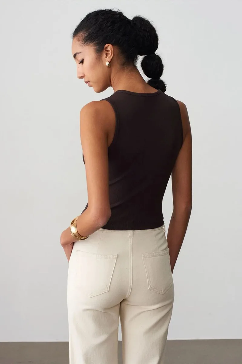 Dilvin Coffee Brown DILVIN Women's Ribbed Cotton-Blend Crop Top for Women | Best Price UAE
