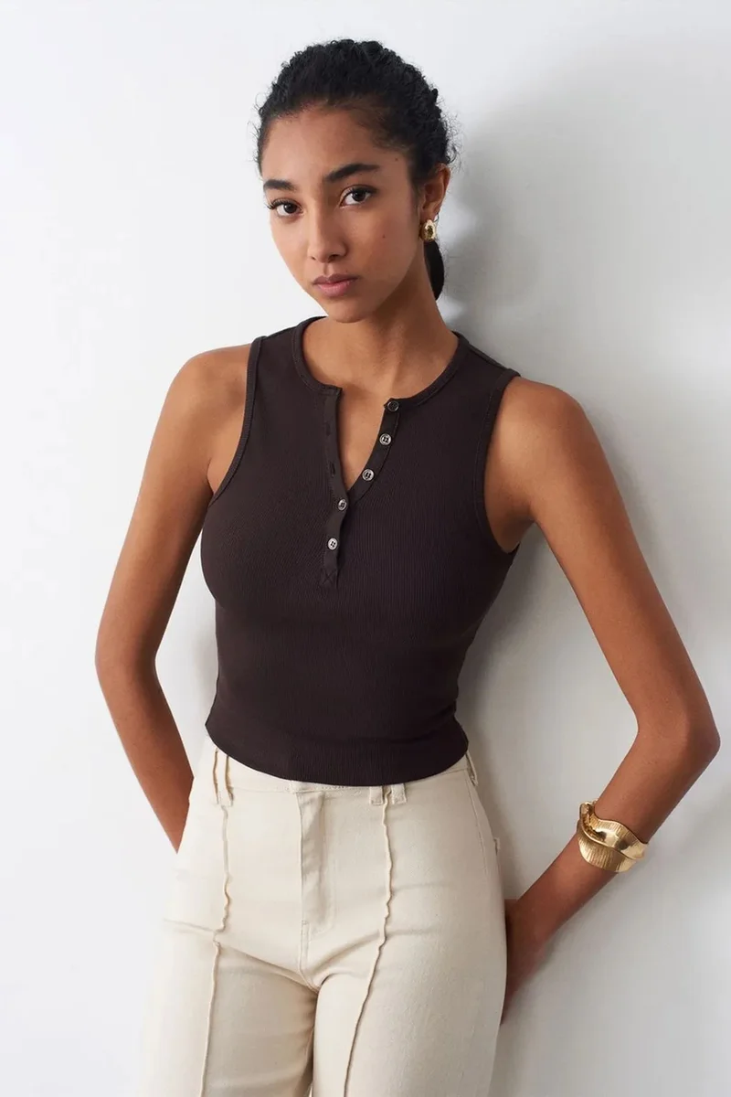 Dilvin Coffee Brown DILVIN Women's Ribbed Cotton-Blend Crop Top for Women | Best Price UAE