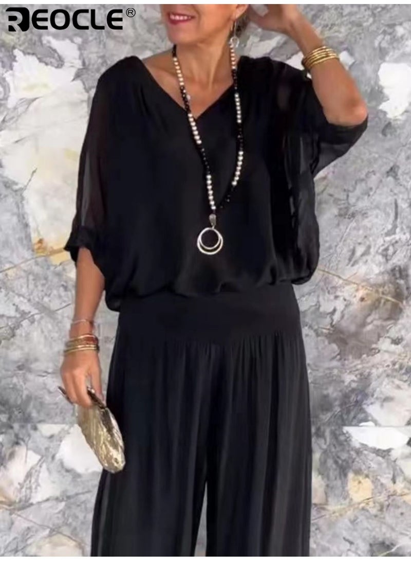 REOCLE Women's Chiffon Sets of 1pc Short Sleeved Blouse & 1pc Pants Casual Outfits V-neck Loose Top FlowingTrousers Elegant Clothing for Daily Wear - Image 1