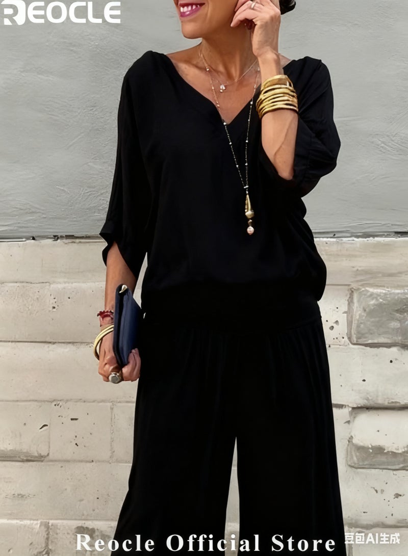 REOCLE Women's Chiffon Sets of 1pc Short Sleeved Blouse & 1pc Pants Casual Outfits V-neck Loose Top FlowingTrousers Elegant Clothing for Daily Wear - Image 2