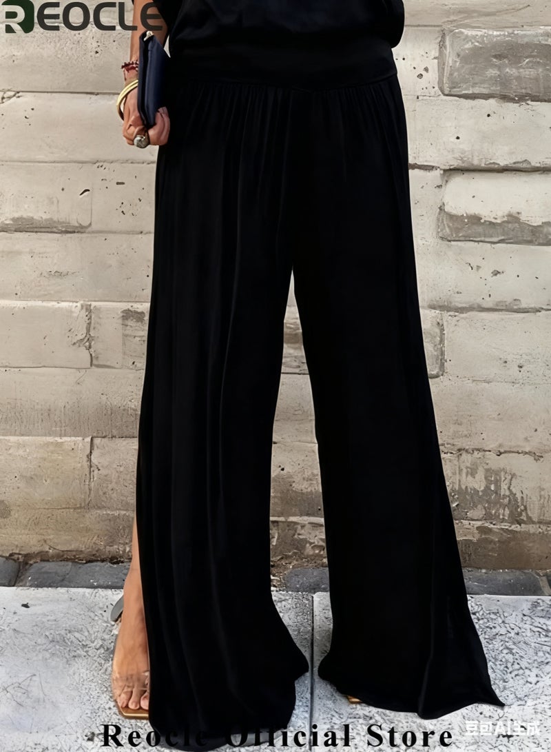 REOCLE Women's Chiffon Sets of 1pc Short Sleeved Blouse & 1pc Pants Casual Outfits V-neck Loose Top FlowingTrousers Elegant Clothing for Daily Wear - Image 3