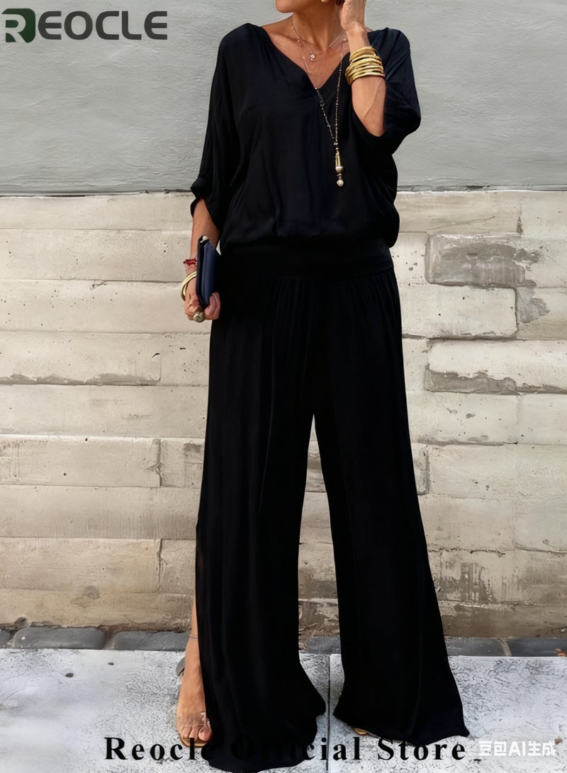 REOCLE Women's Chiffon Sets of 1pc Short Sleeved Blouse & 1pc Pants Casual Outfits V-neck Loose Top FlowingTrousers Elegant Clothing for Daily Wear - Image 4