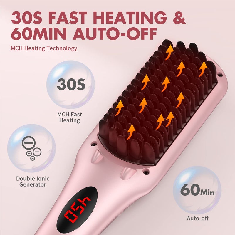 miropure Enhanced Hair Straightener Heat Brush by MiroPure, 2-in-1 Ceramic Ionic Straightening Brush, Hot Comb with Anti-Scald Feature, Auto Temperature Lock & Auto-Off Function (Pink) 4 Piece Set - Image 2
