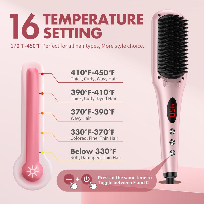 miropure Enhanced Hair Straightener Heat Brush by MiroPure, 2-in-1 Ceramic Ionic Straightening Brush, Hot Comb with Anti-Scald Feature, Auto Temperature Lock & Auto-Off Function (Pink) 4 Piece Set - Image 3