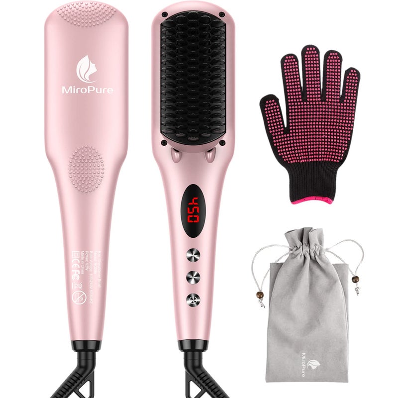 miropure Enhanced Hair Straightener Heat Brush by MiroPure, 2-in-1 Ceramic Ionic Straightening Brush, Hot Comb with Anti-Scald Feature, Auto Temperature Lock & Auto-Off Function (Pink) 4 Piece Set - Image 1