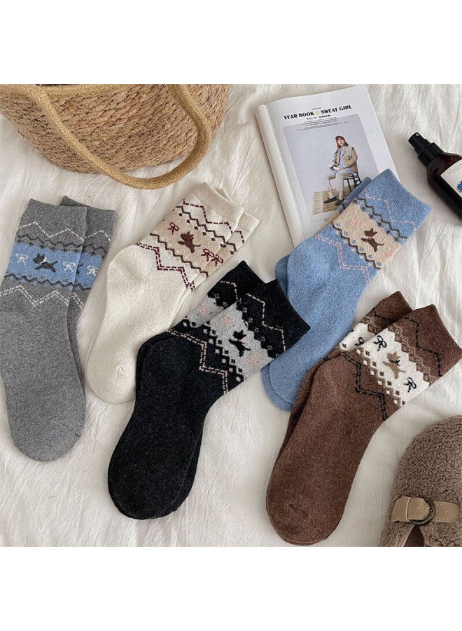Yuzhaolin 4 Pairs Island Style Vintage Dog Socks Women Autumn Winter Thickened Warm Cartoon Bowknot Cute Mid-calf Socks - Image 3