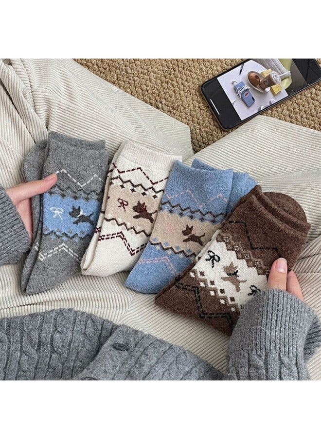 Yuzhaolin 4 Pairs Island Style Vintage Dog Socks Women Autumn Winter Thickened Warm Cartoon Bowknot Cute Mid-calf Socks - Image 2